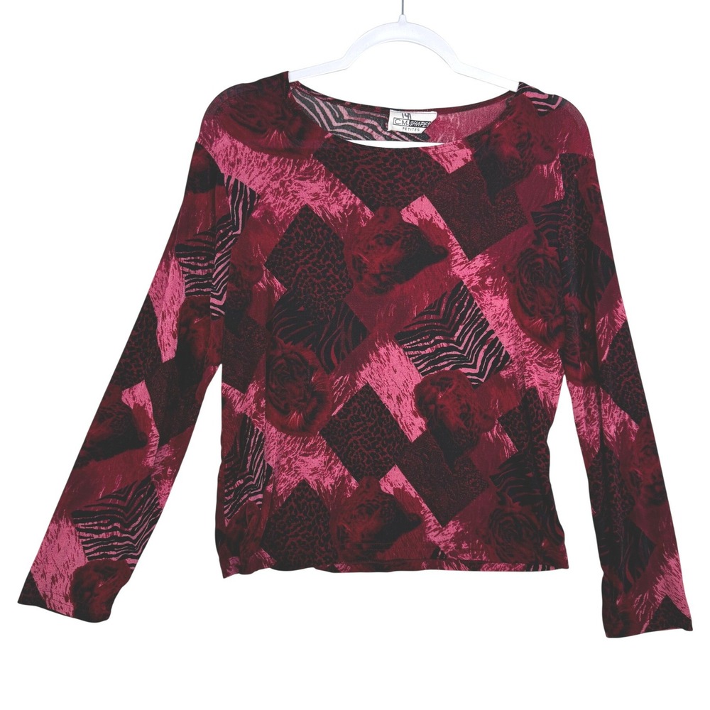 CM Shapes Petites Animal Print Patchwork Long Sleeve Top Magenta Black Small